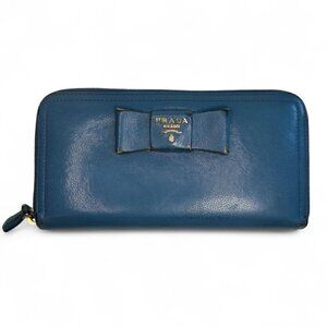 Women's Prada Saffiano Fiocco Leather Long Blue Zippered Ribbon Wallet